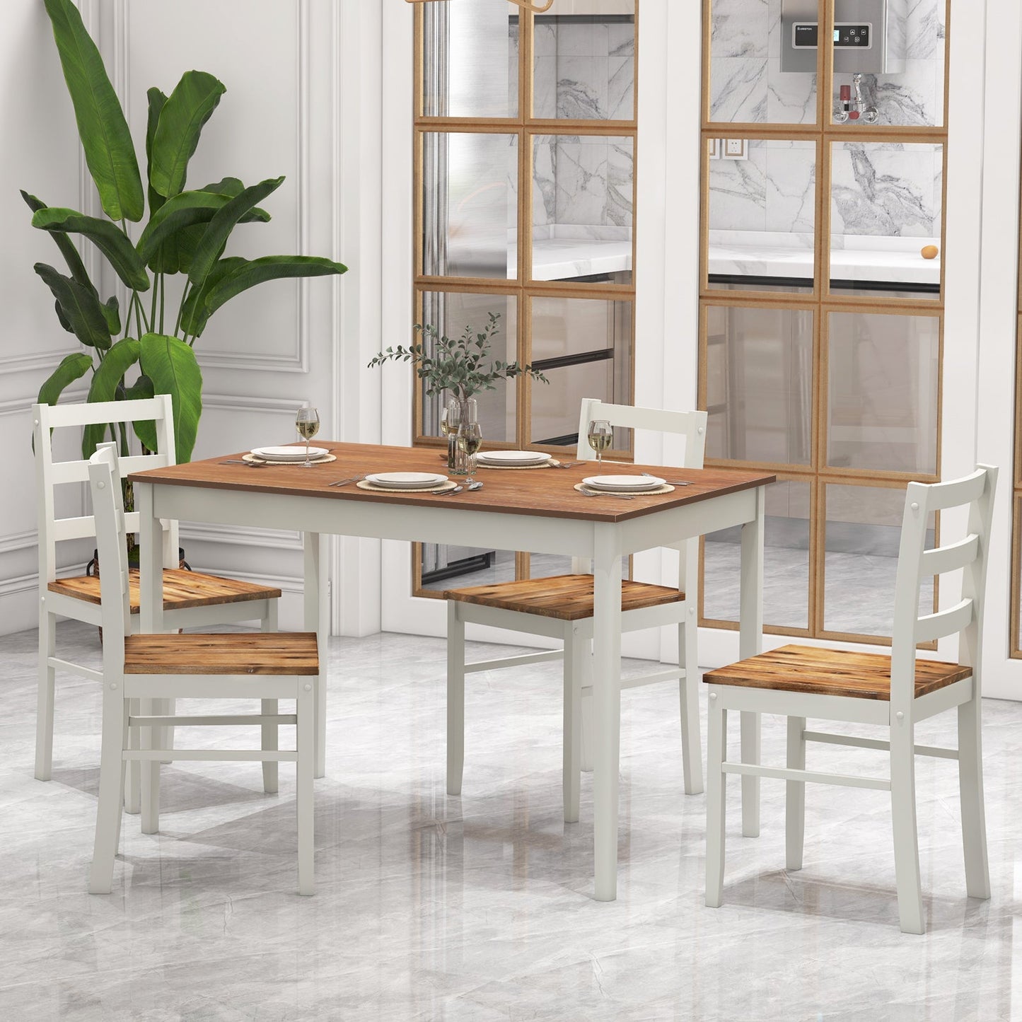 Juego de comedor de madera de 5 piezas con mesa rectangular y 4 sillas - Café