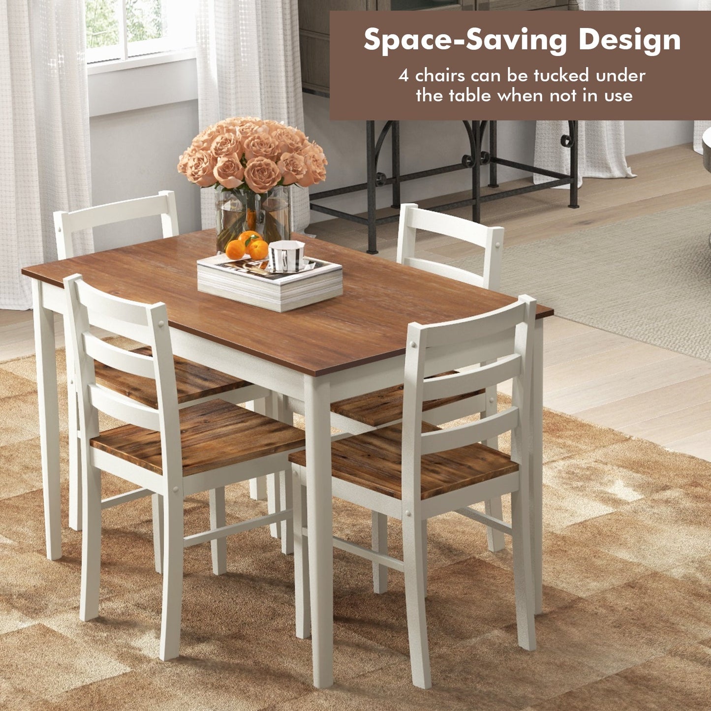 Juego de comedor de madera de 5 piezas con mesa rectangular y 4 sillas - Café