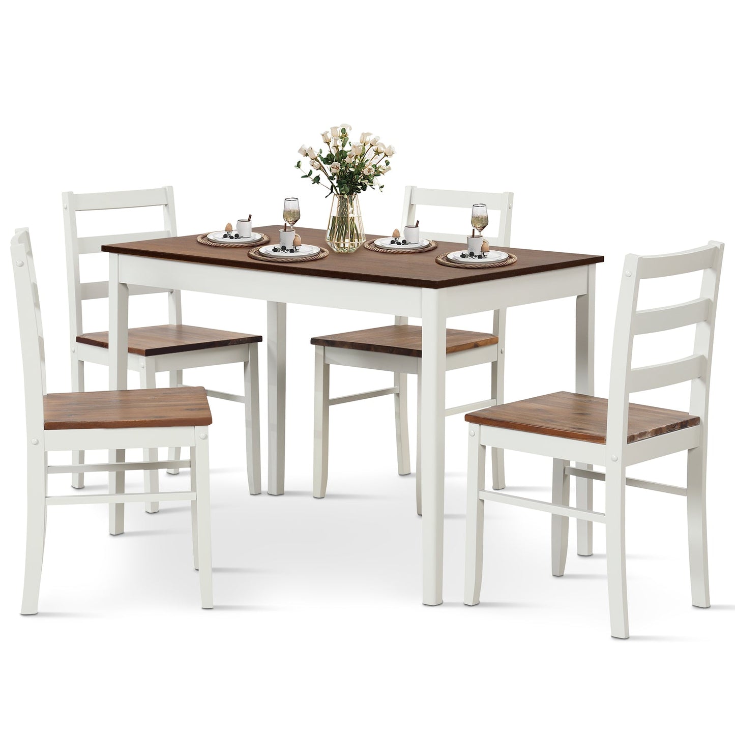 Juego de comedor de madera de 5 piezas con mesa rectangular y 4 sillas - Café