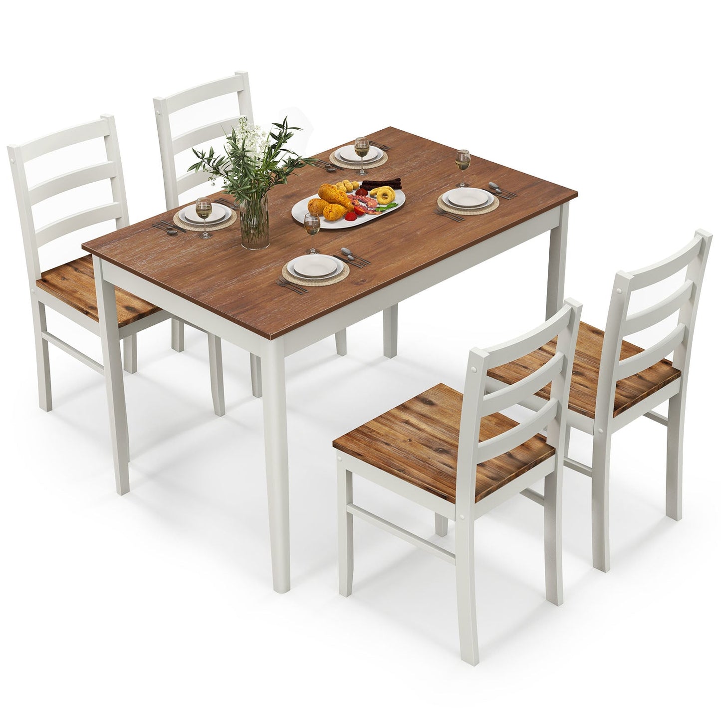 Juego de comedor de madera de 5 piezas con mesa rectangular y 4 sillas - Café