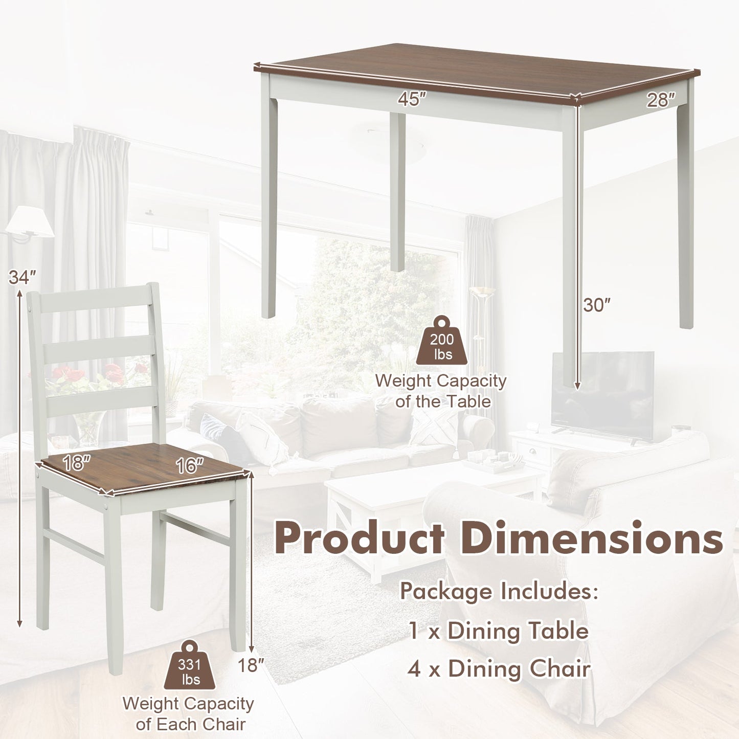 Juego de comedor de madera de 5 piezas con mesa rectangular y 4 sillas - Café