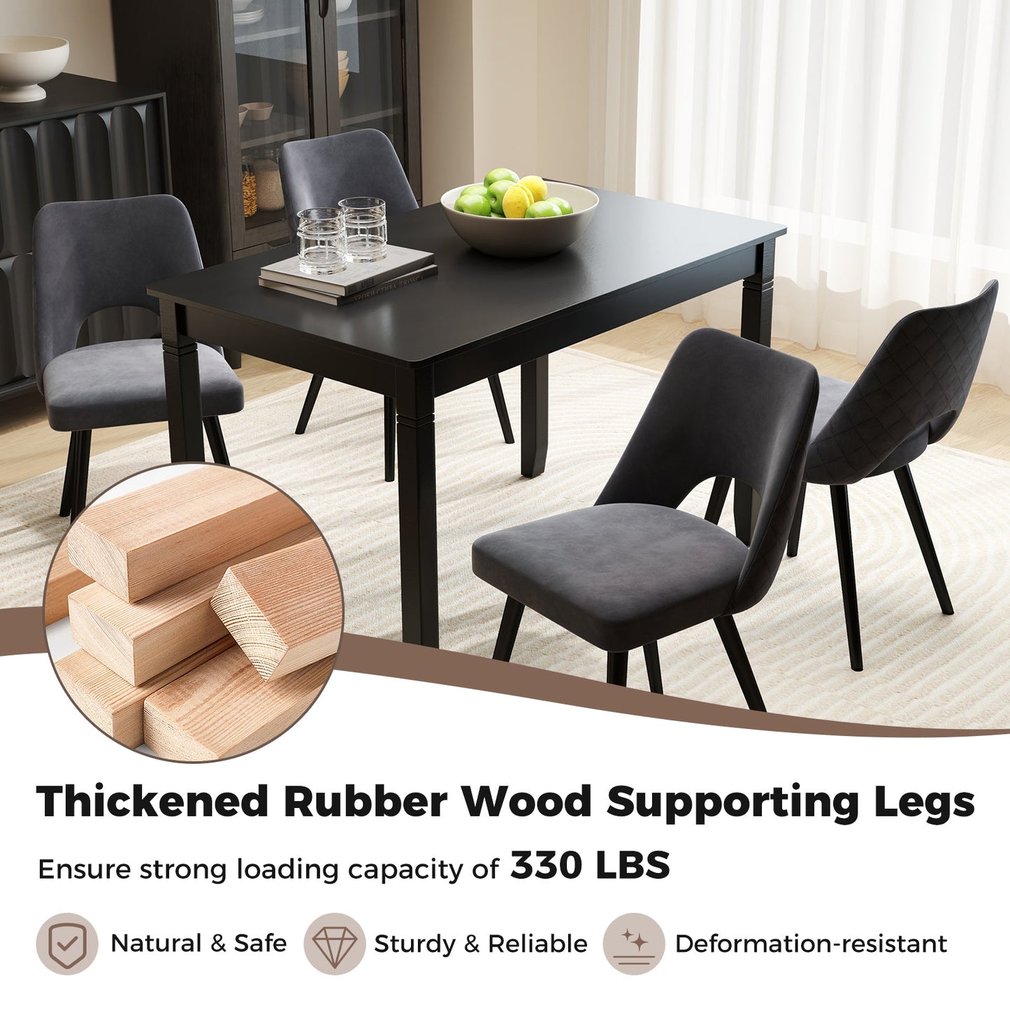 48-Inch Wooden Dining Table for 4 People Rectangular Kitchen Table with Rubber Wood Legs-Black