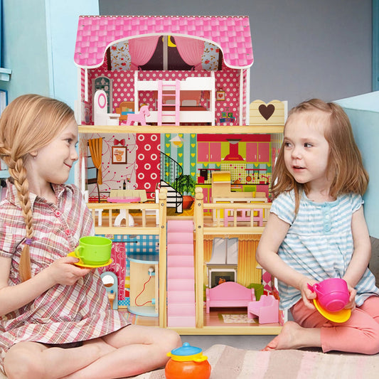 Doll House Playset with 3 Stories and 6 Simulated Rooms and 15 Pieces of Furniture-Pink - Tampa Home & Garden Store