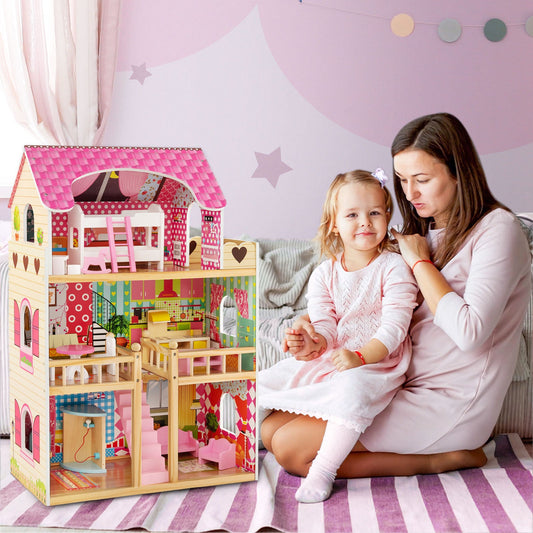 Doll House Playset with 3 Stories and 6 Simulated Rooms and 15 Pieces of Furniture-Pink - Tampa Home & Garden Store