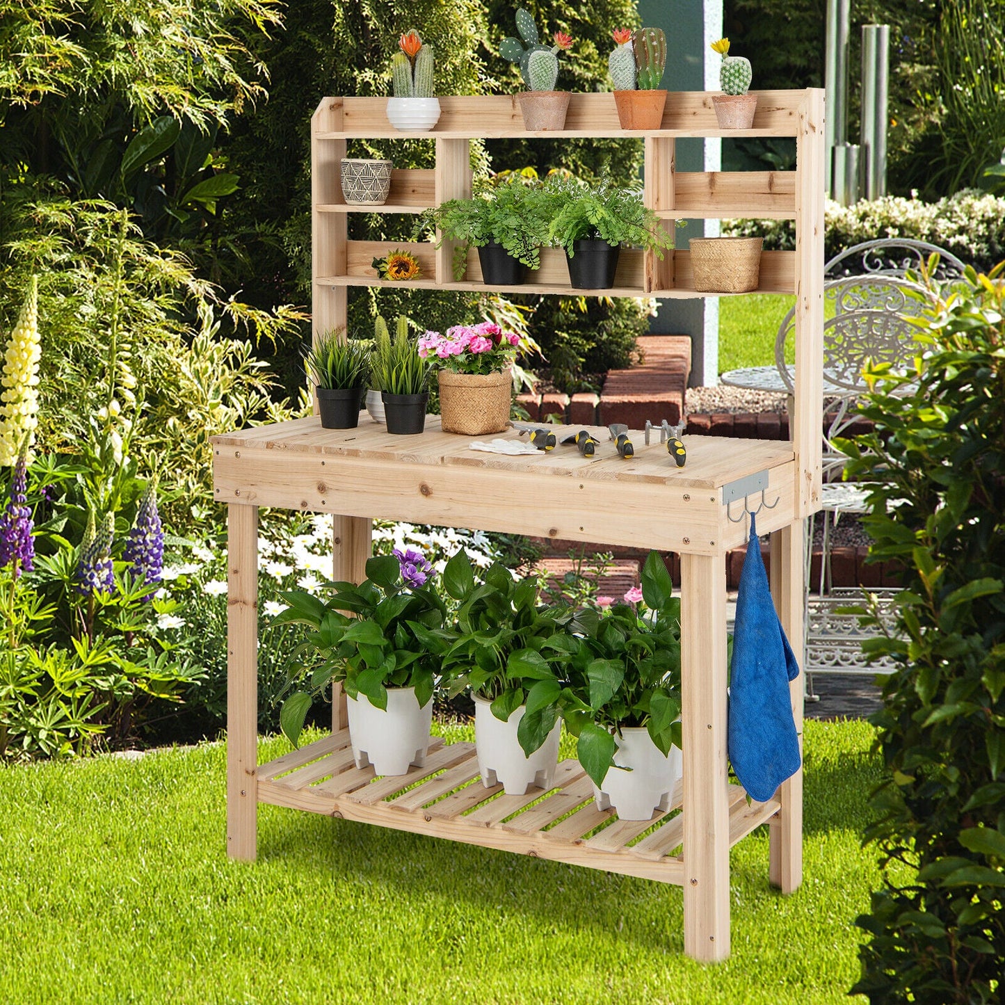 Large Garden Potting Bench Table with Display Rack and Hidden Sink-Natural