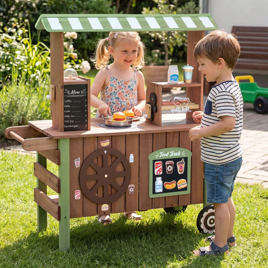 Wooden grocery store playset on wheels with green roof and chalkboard menu by DirectDeals on Tampa Home & Garden Store