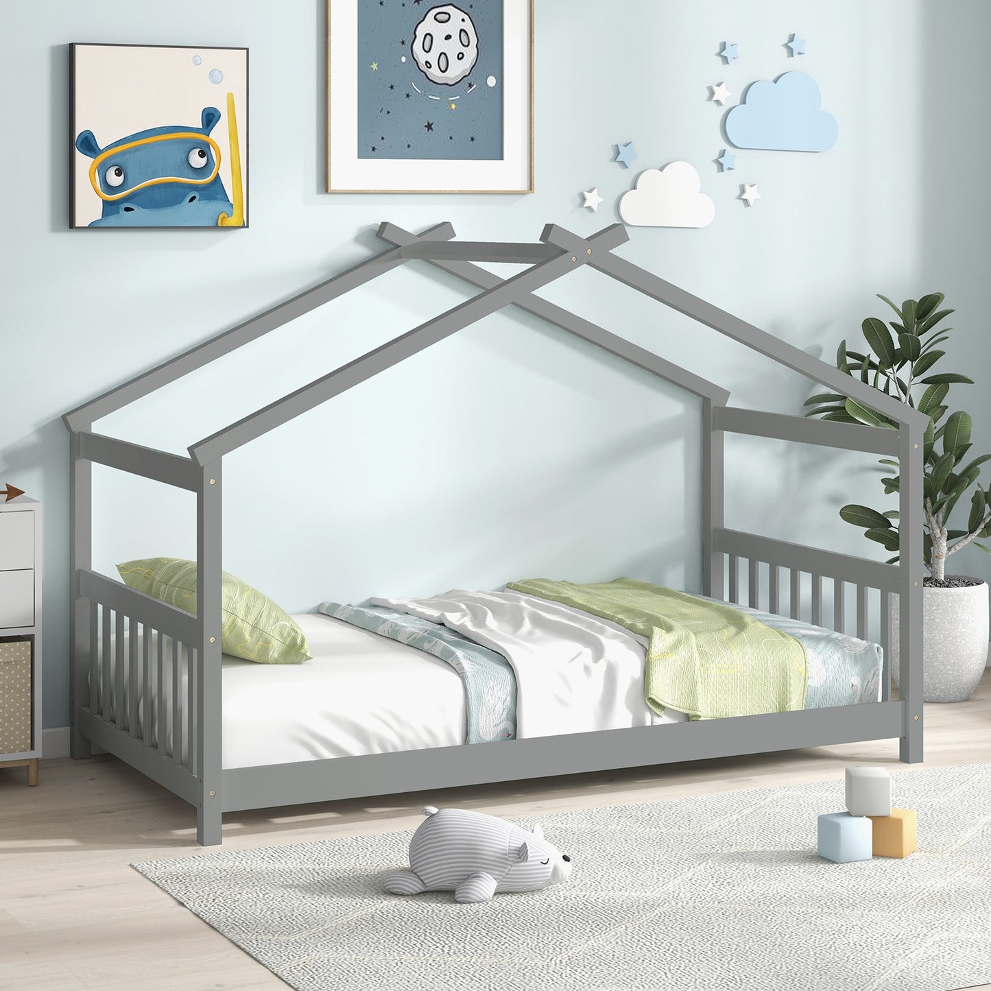 Cama de madera con forma de casa de tamaño individual con techo - Gris