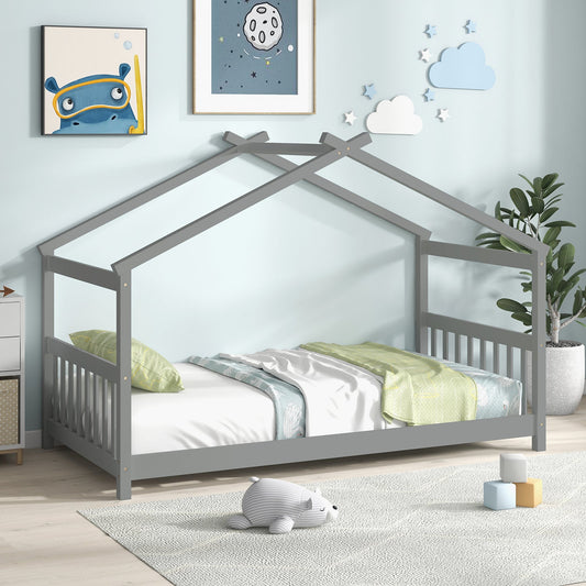 Twin Size Wooden House Bed with Roof-Gray - Tampa Home & Garden Store