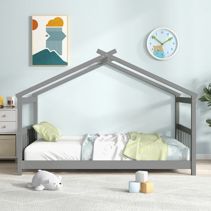Cama de madera con forma de casa de tamaño individual con techo - Gris