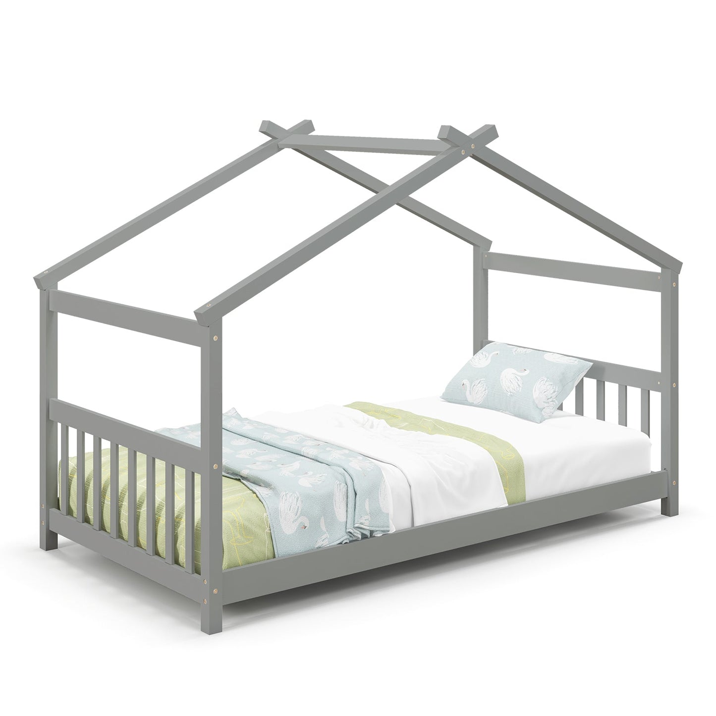 Cama de madera con forma de casa de tamaño individual con techo - Gris