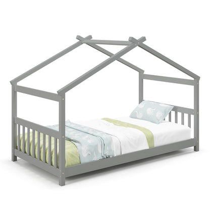 Cama de madera con forma de casa de tamaño individual con techo - Gris