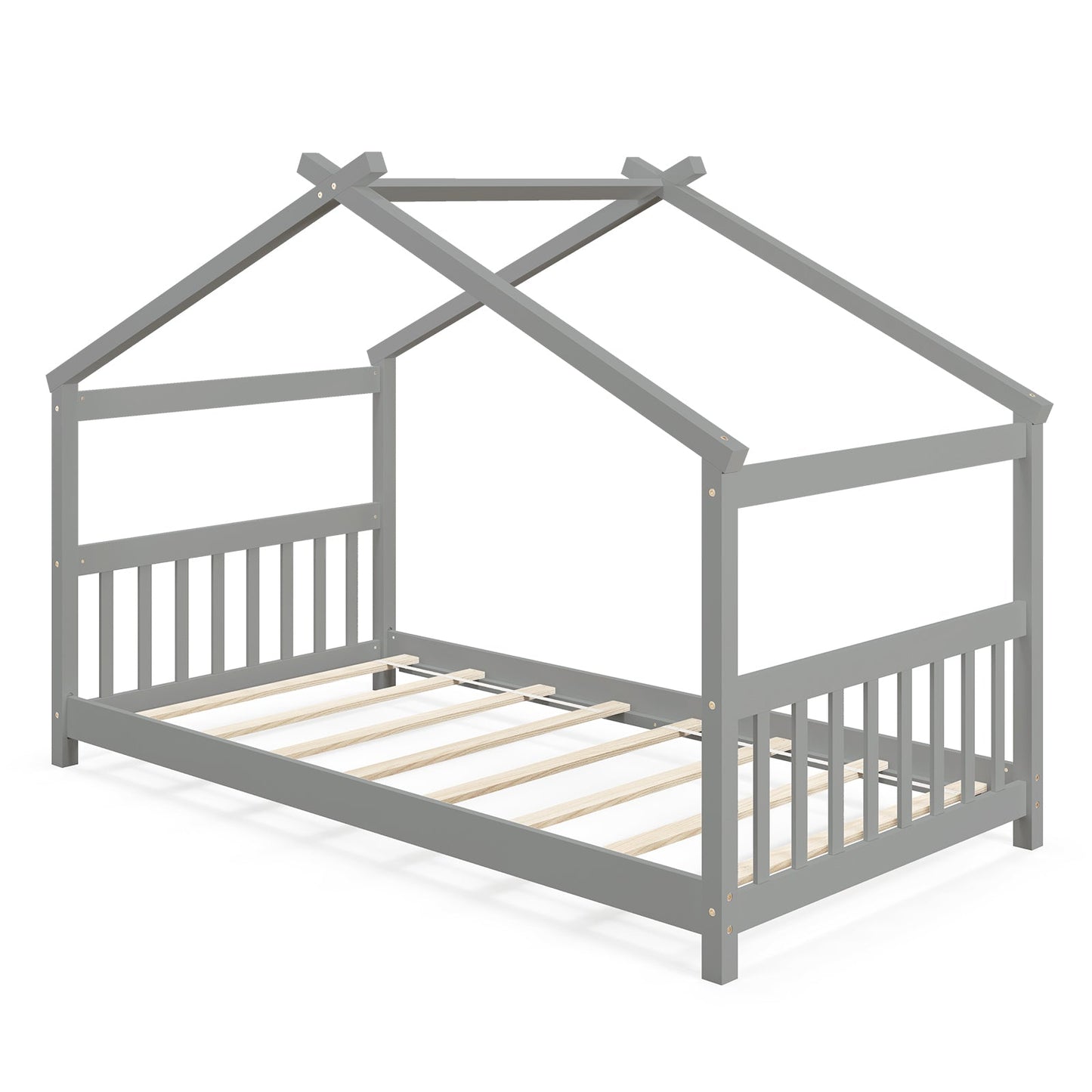 Cama de madera con forma de casa de tamaño individual con techo - Gris