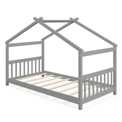 Cama de madera con forma de casa de tamaño individual con techo - Gris