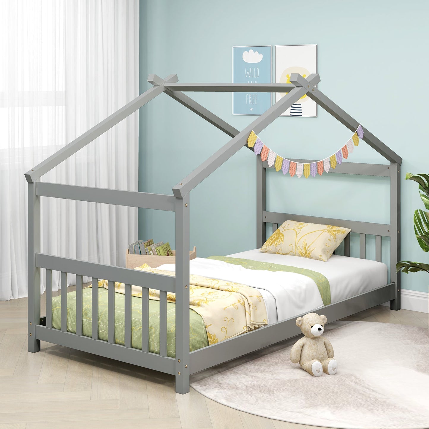 Cama de madera con forma de casa de tamaño individual con techo - Gris