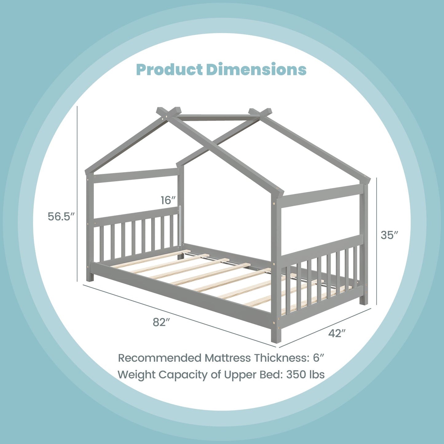 Cama de madera con forma de casa de tamaño individual con techo - Gris