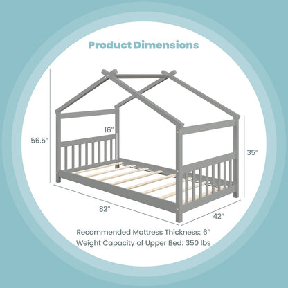 Cama de madera con forma de casa de tamaño individual con techo - Gris