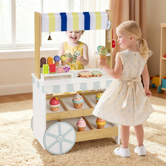 Wooden Ice Cream Cart for Kids 2-in-1 Grocery Store Playset with Display Shelves-White - Tampa Home & Garden Store