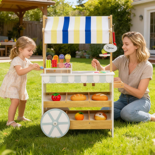 Wooden Ice Cream Cart for Kids 2-in-1 Grocery Store Playset with Display Shelves-White - Tampa Home & Garden Store