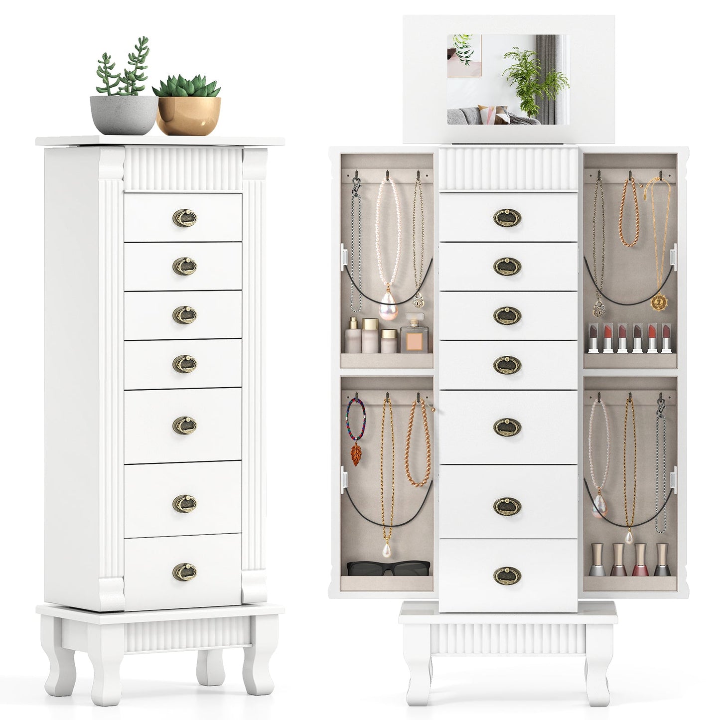 Wooden Jewelry Armoire Cabinet Storage Chest with Drawers and Swing Doors