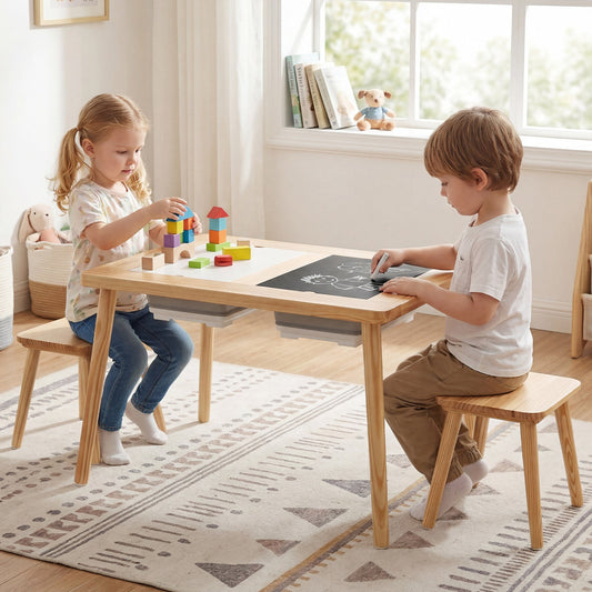 Wooden Kids Activity Table Set with 2 Foldable Storage Bins-Natural - Tampa Home & Garden Store
