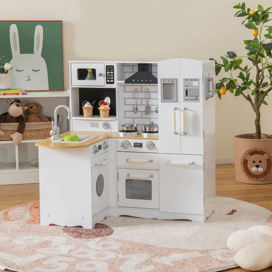Wooden Kid's Corner Kitchen Playset with Stove for Toddlers-Natural & White - Tampa Home & Garden Store