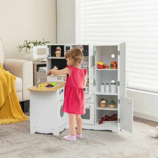 Wooden Kid's Corner Kitchen Playset with Stove for Toddlers-Natural & White - Tampa Home & Garden Store