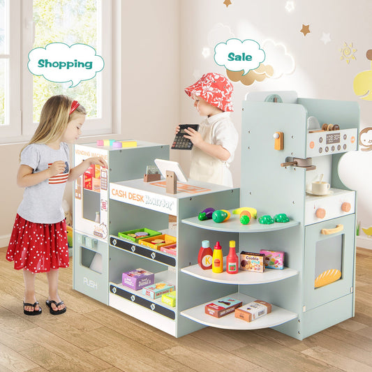 Wooden Kids Grocery Store Playset Pretend Play Supermarket-Green - Tampa Home & Garden Store