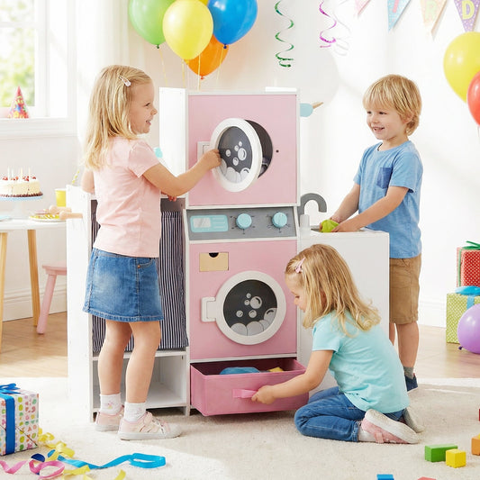 Wooden Kids Laundry Playset with Laundry Detergent Bottle and Clothes Hangers-Pink - Tampa Home & Garden Store