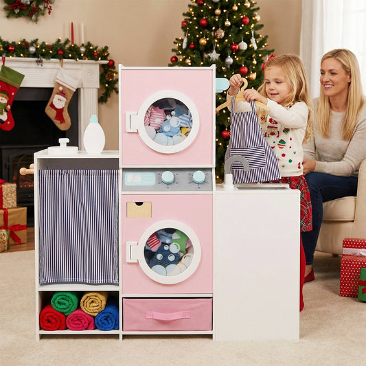 Wooden Kids Laundry Playset with Laundry Detergent Bottle and Clothes Hangers-Pink - Tampa Home & Garden Store