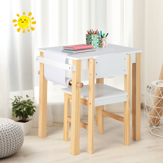 Kids Art Table and Chair Set with Drawer Paper Roll and 2 Markers-White - Tampa Home & Garden Store