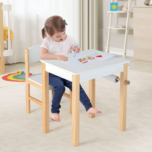 Kids Art Table and Chair Set with Drawer Paper Roll and 2 Markers-White - Tampa Home & Garden Store