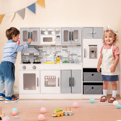 Wooden kitchen playset with lights and sounds, gray/white cabinets; two kids playing DirectDeals on Tampa Home & Garden Store
