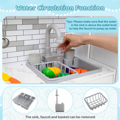 Wooden kitchen playset sink with gray faucet and dish rack; child pumps water from faucet on Tampa Home & Garden Store