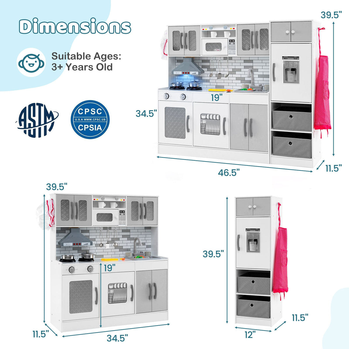 Wooden kitchen playset with lights and sounds by DirectDeals; white/gray cabinets, oven, fridge on Tampa Home & Garden Store