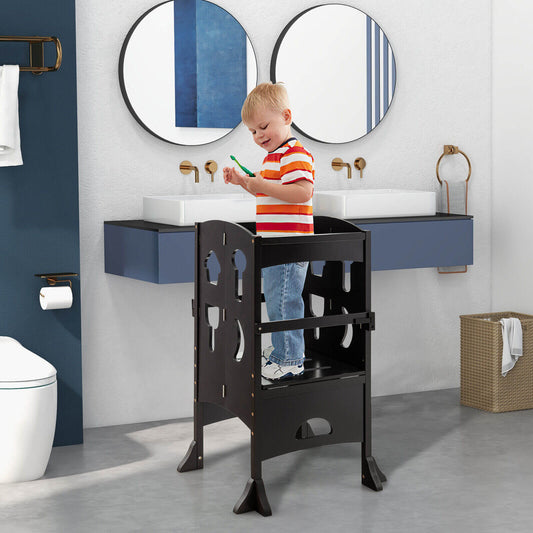Folding Wooden Step Stool with Lockable Safety Rail for Toddler 3+ - Tampa Home & Garden Store