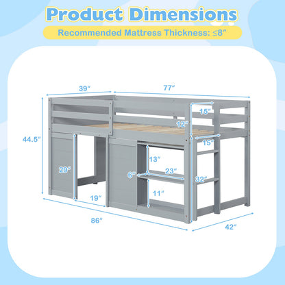 Wooden Low Kids Loft Bed with LED Lights and 2 Doors