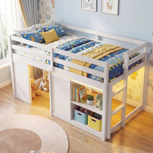 Wooden Low Kids Loft Bed with LED Lights and 2 Doors - Tampa Home & Garden Store