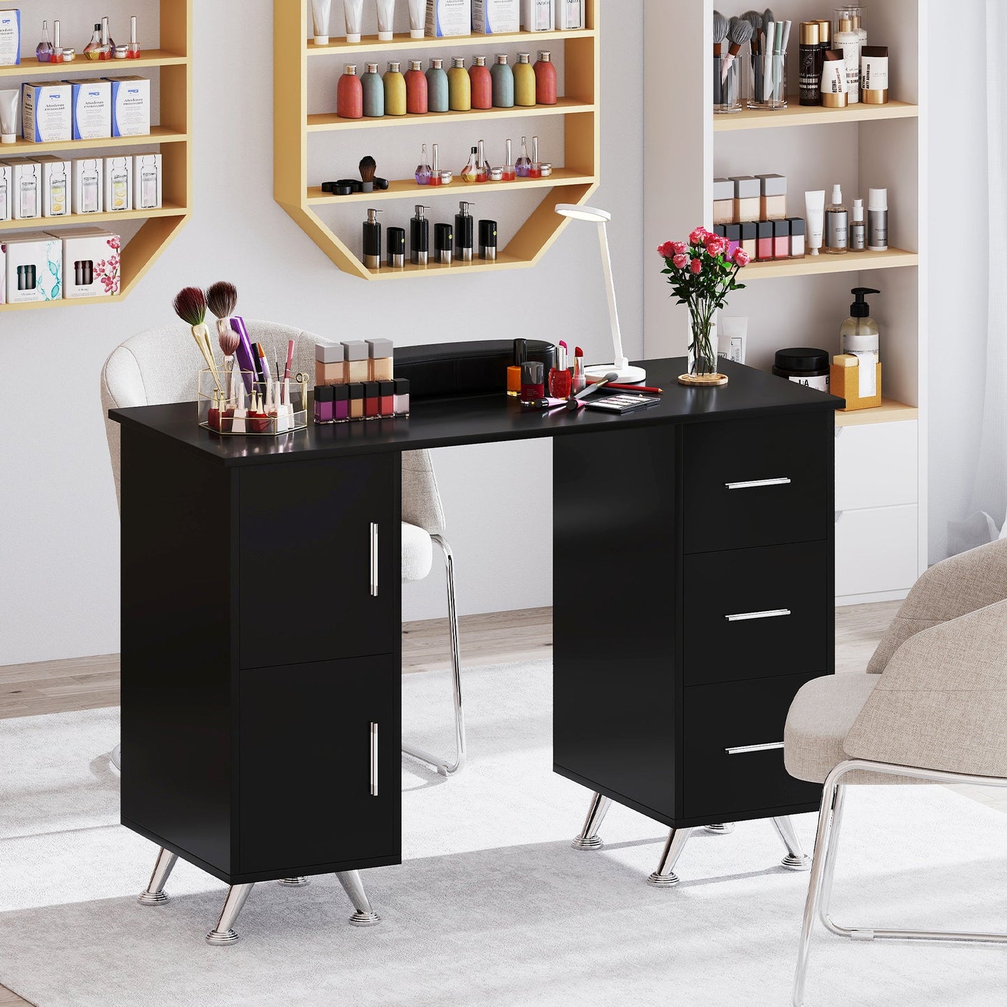 Wooden Manicure Table Nail Desk with Drawers Wrist Rest