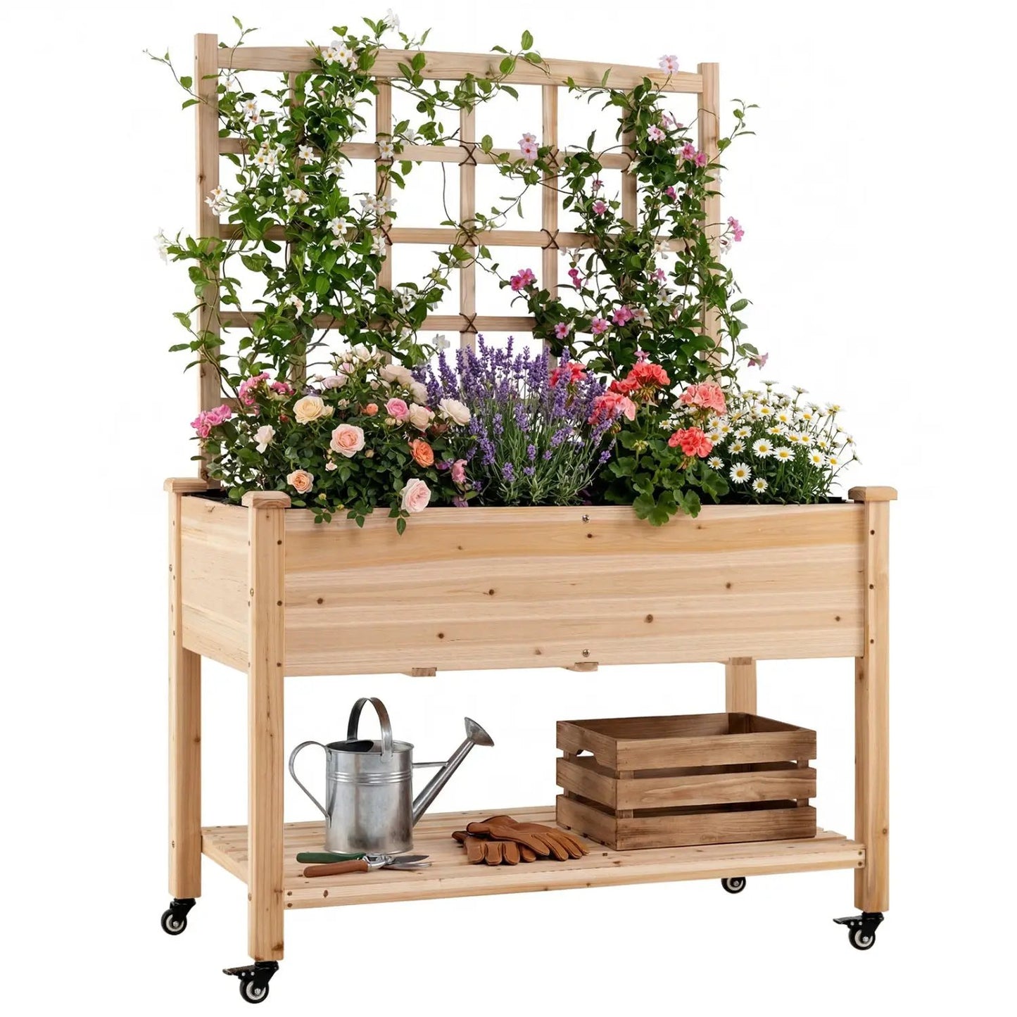 Wooden Mobile Raised Garden Bed on Wheels Trellis