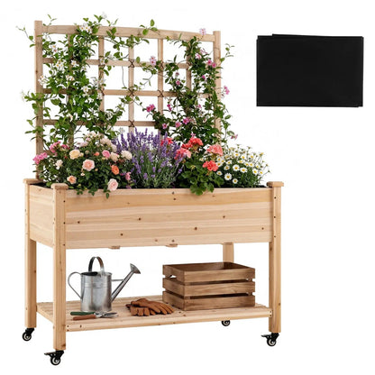 Wooden Mobile Raised Garden Bed on Wheels Trellis