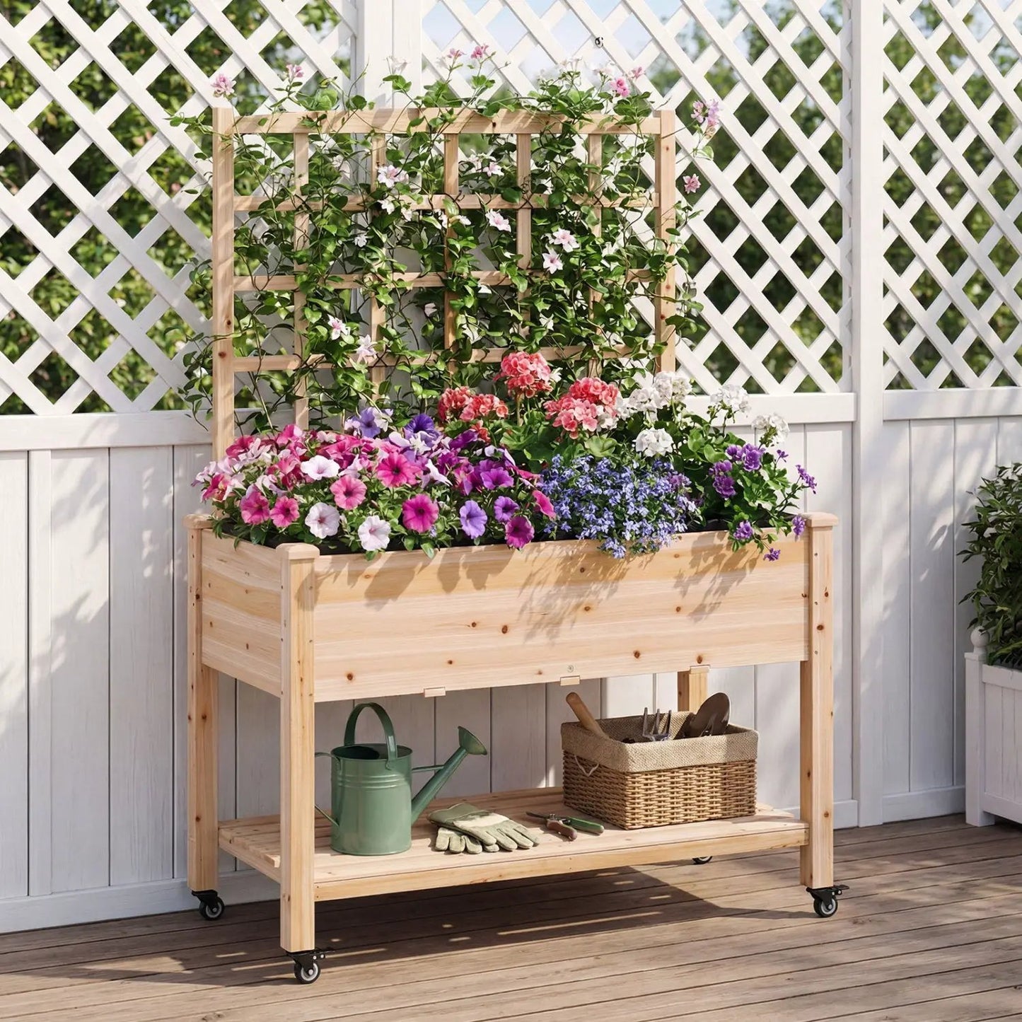 Wooden Mobile Raised Garden Bed on Wheels Trellis