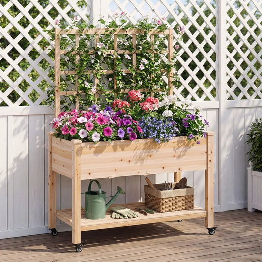 Wooden Mobile Raised Garden Bed on Wheels Trellis