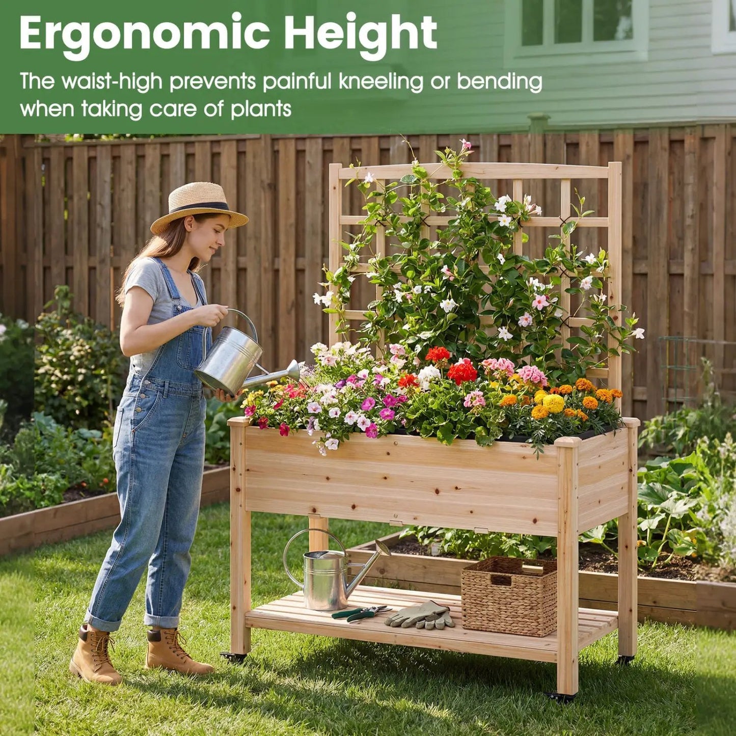 Wooden Mobile Raised Garden Bed on Wheels Trellis