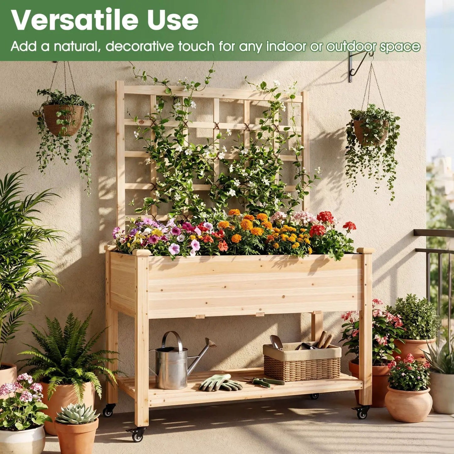 Wooden Mobile Raised Garden Bed on Wheels Trellis
