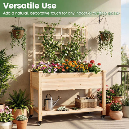 Wooden Mobile Raised Garden Bed on Wheels Trellis