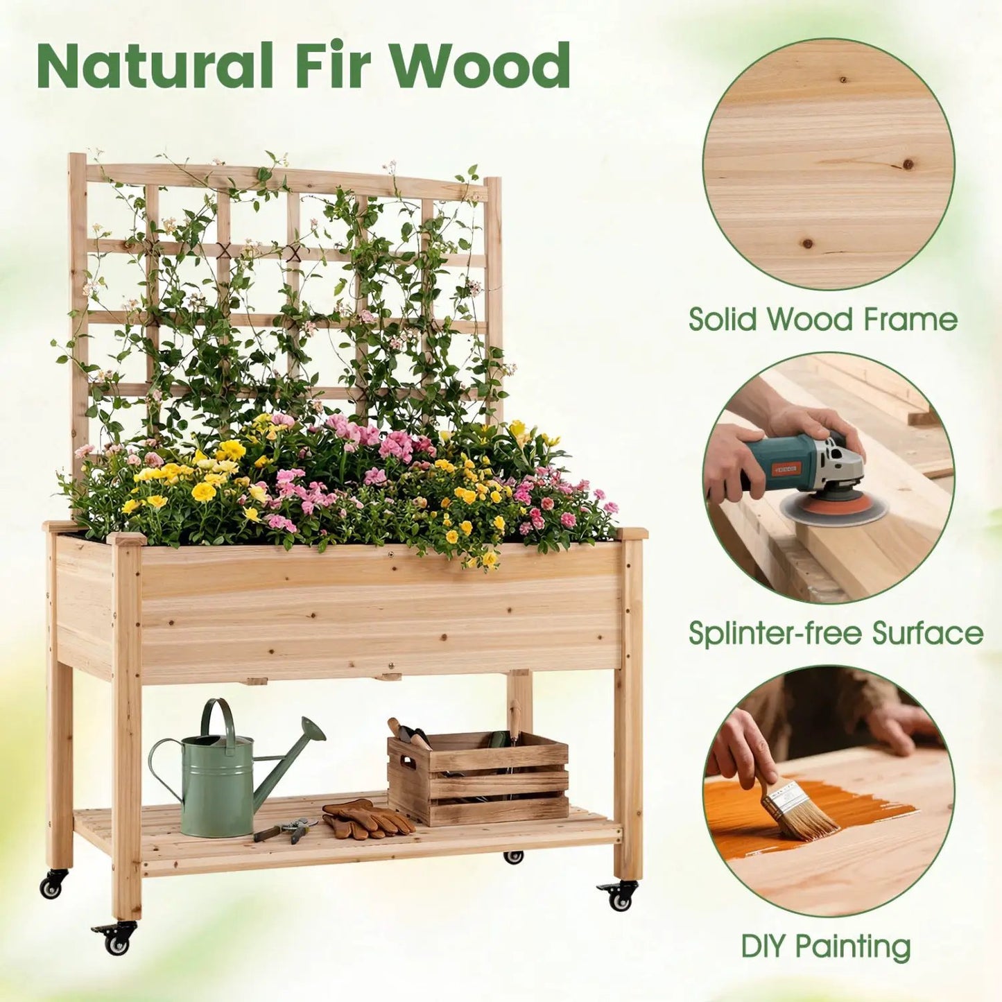 Wooden Mobile Raised Garden Bed on Wheels Trellis