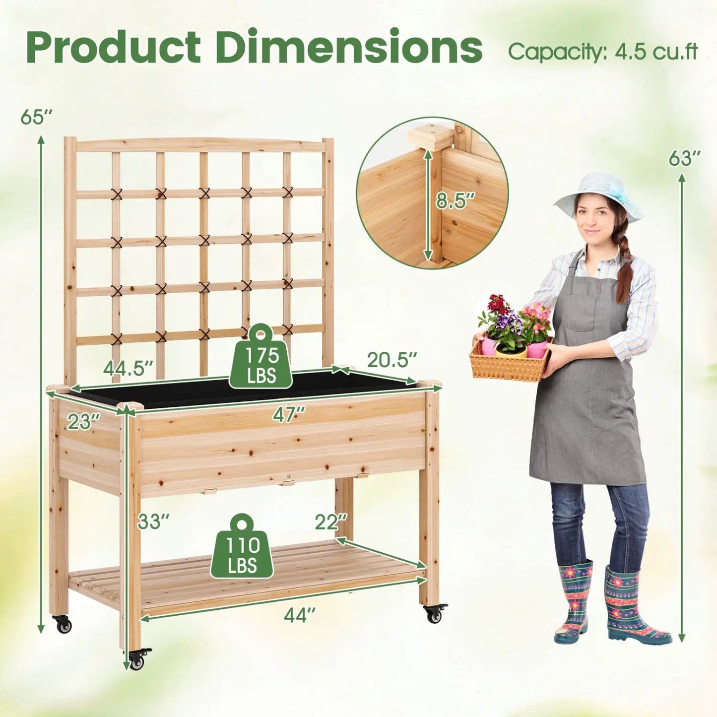 Wooden Mobile Raised Garden Bed on Wheels Trellis