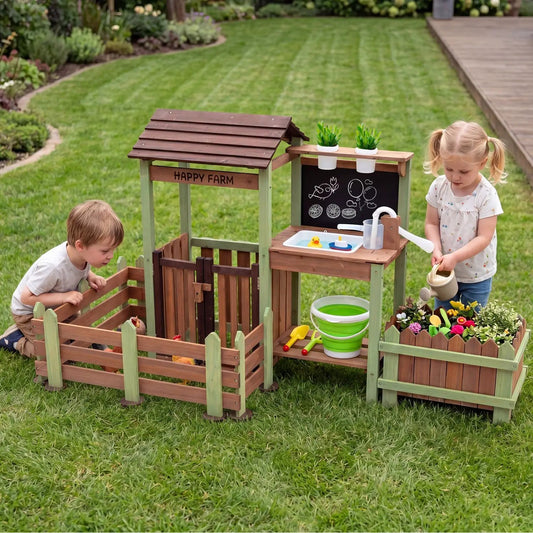 Wooden Mud Farm Playset with planter box and water pump, chalkboard panel, green fence on Tampa Home & Garden Store