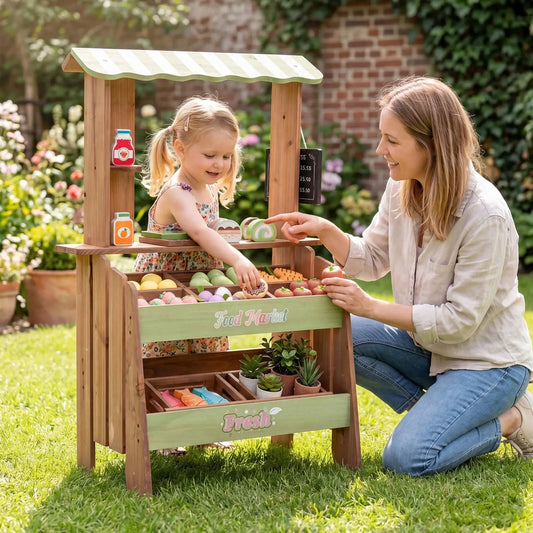 Wooden grocery store playset with chalkboard, pastel green accents and 43 accessories on Tampa Home & Garden Store