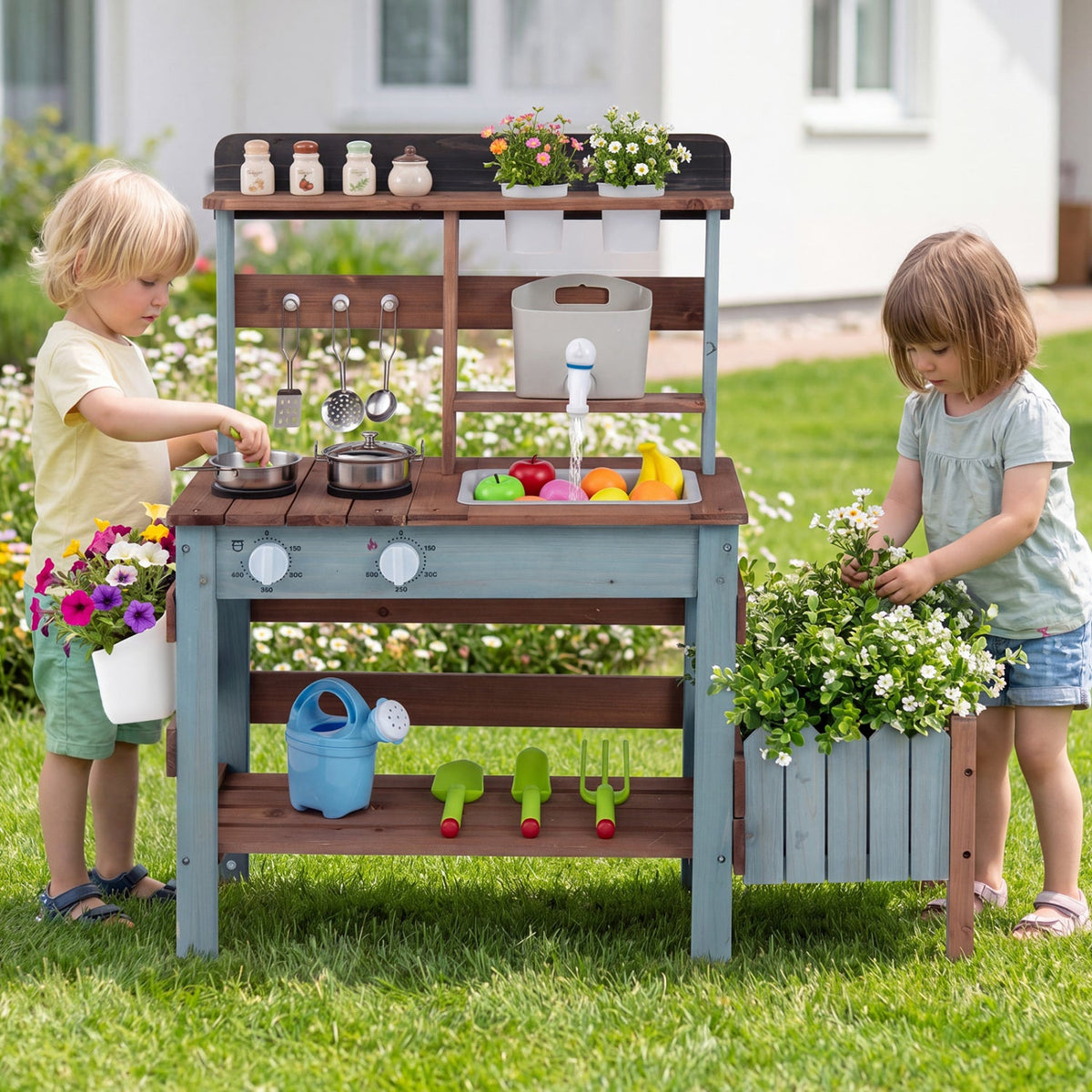 Wooden mud kitchen set with running water faucet, blue and brown play kitchen for kids on Tampa Home & Garden Store